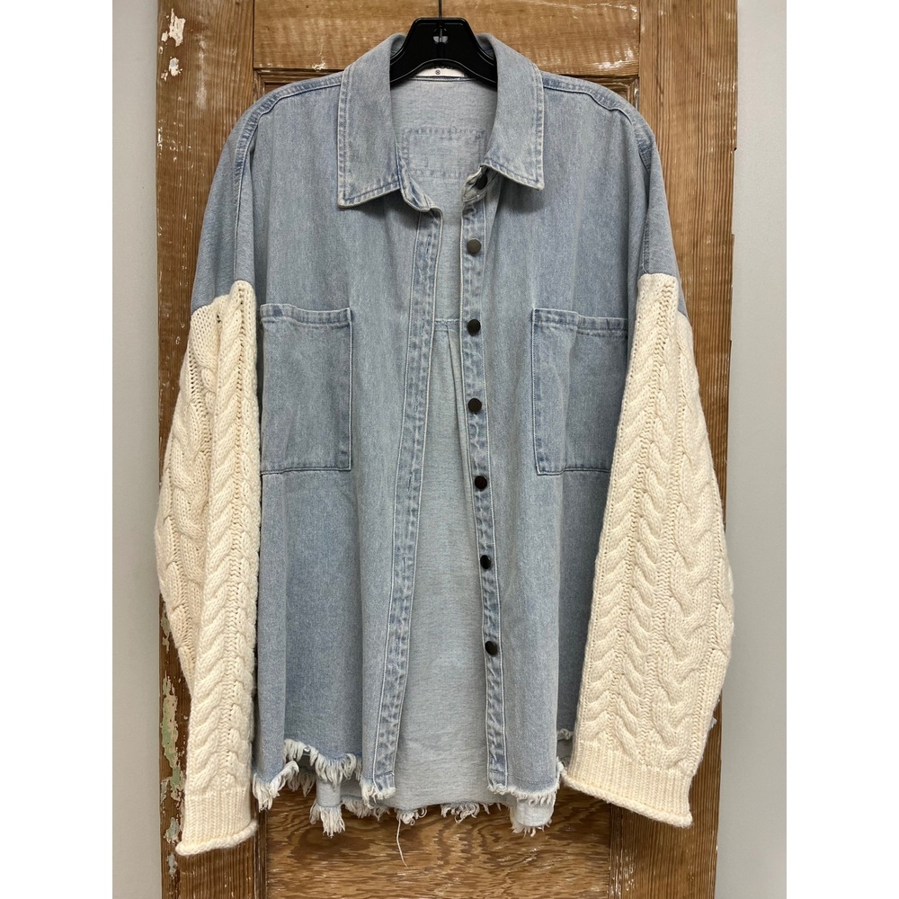 The Post Denim Shacket M Cable Knit Distressed Edgy Streetwear Scandi Grunge